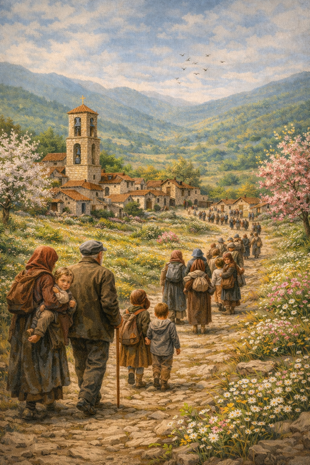 Une peinture d'une colonne de villageois remontant un chemin fleuri vers leur village