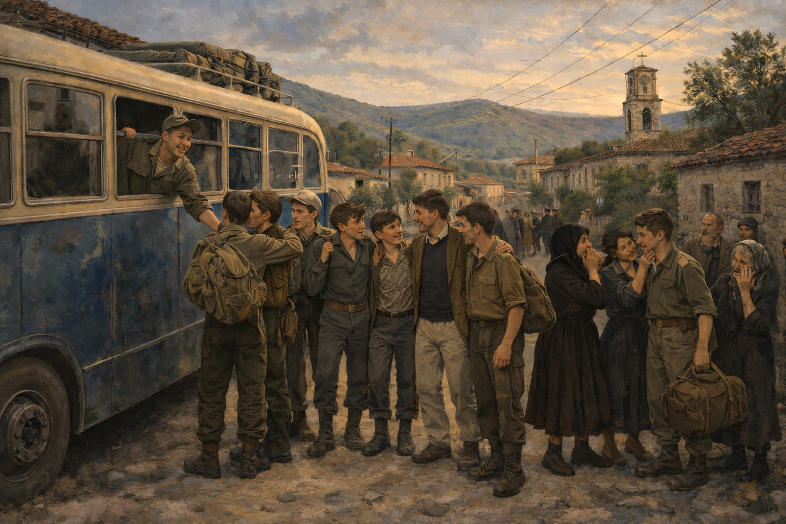 A painting of young men in uniform boarding a blue bus while families see them off in a village street
