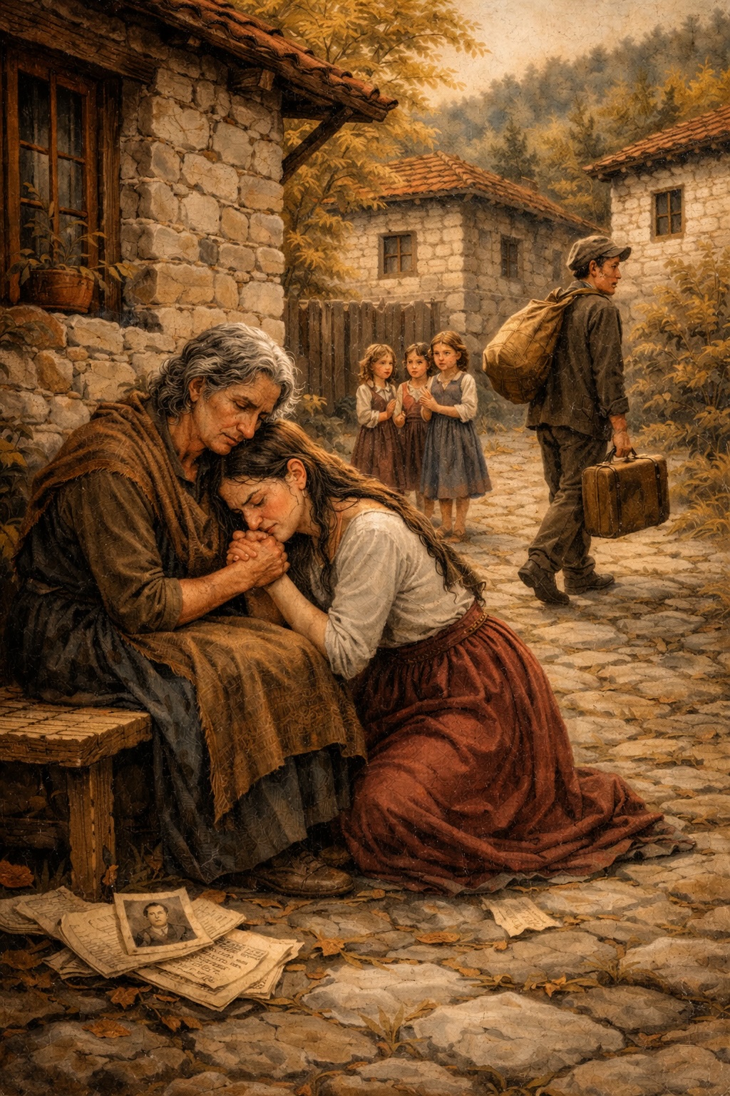 A painting of a young woman kneeling to kiss an older woman's hands as a young man leaves with a suitcase