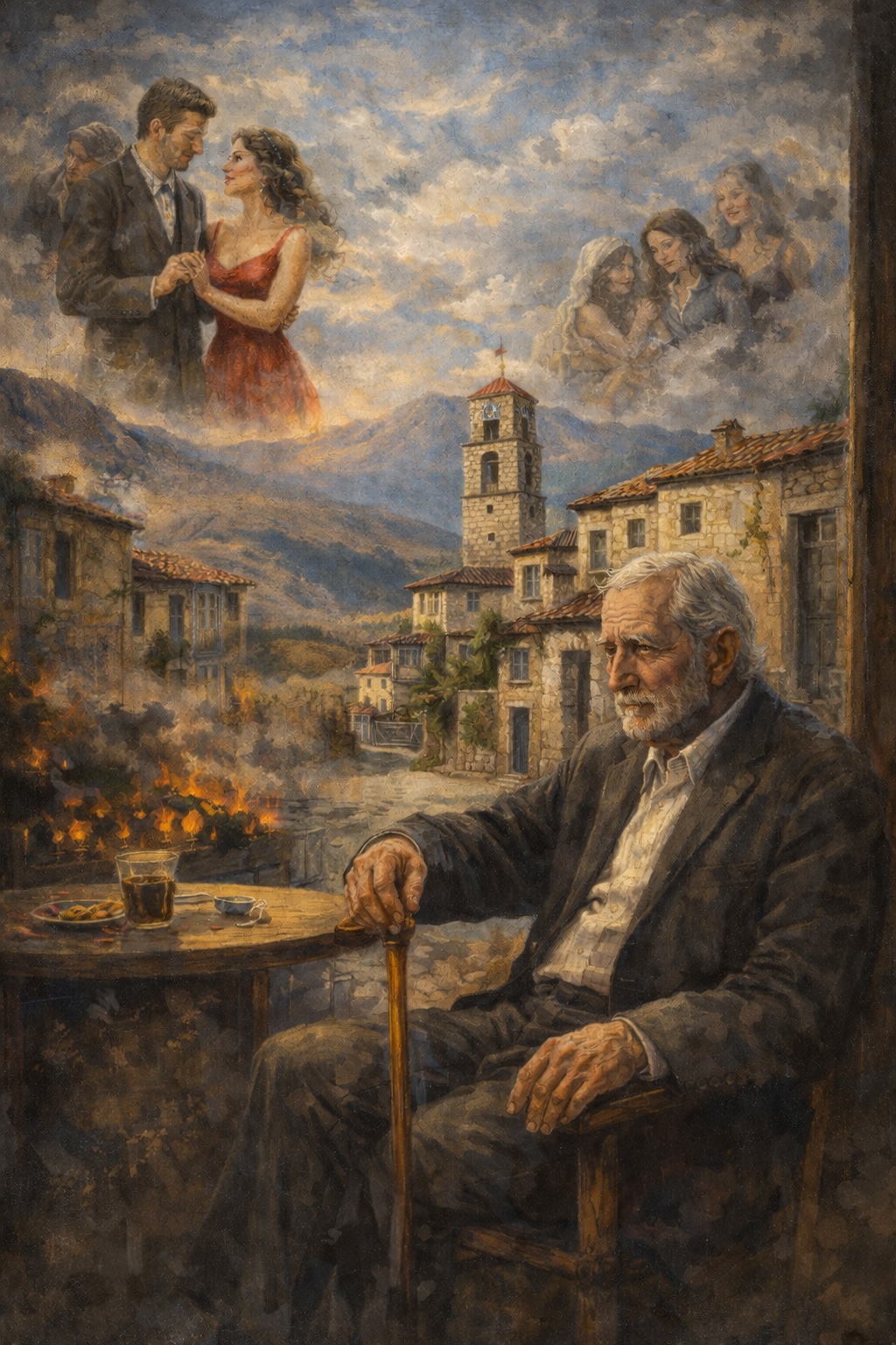 A painting of an old man with a walking stick at a small table, a dancing couple pictured in the clouds above