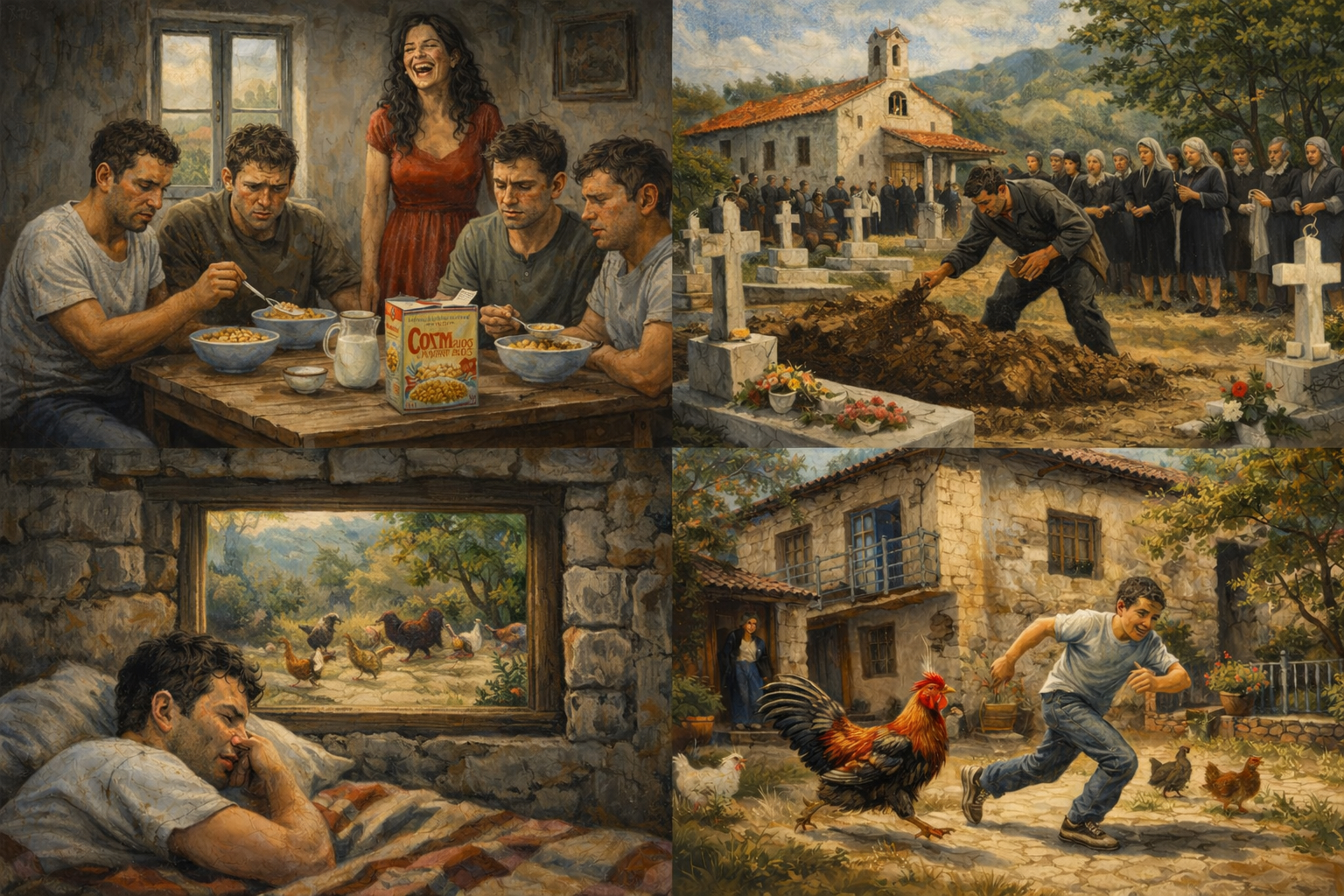 A painted four-panel scene of village life: men at a table, a burial, a man resting, a chicken chase