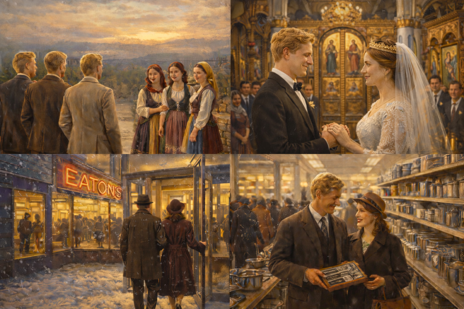 A painted four-panel scene: young men and women meeting, a church wedding, the Eaton's store, a shop counter