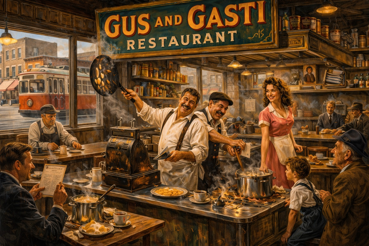Слика на готвачи што работат зад тезгата на ресторанот Gus and Gasti, со гости на масите