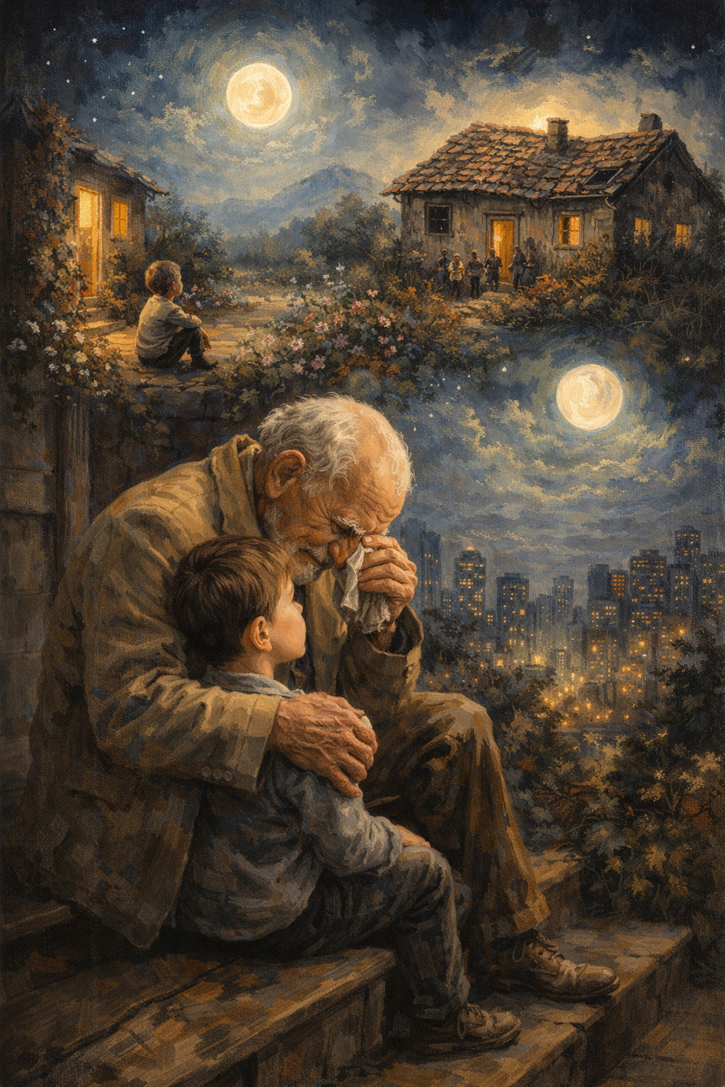 A painting of an old man and a boy on a step under two moons, a village on one side and a city on the other