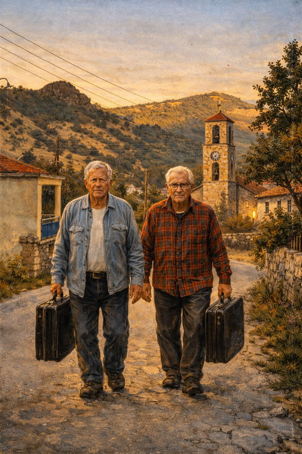 A painting of two older men carrying suitcases up a village road towards a stone bell tower