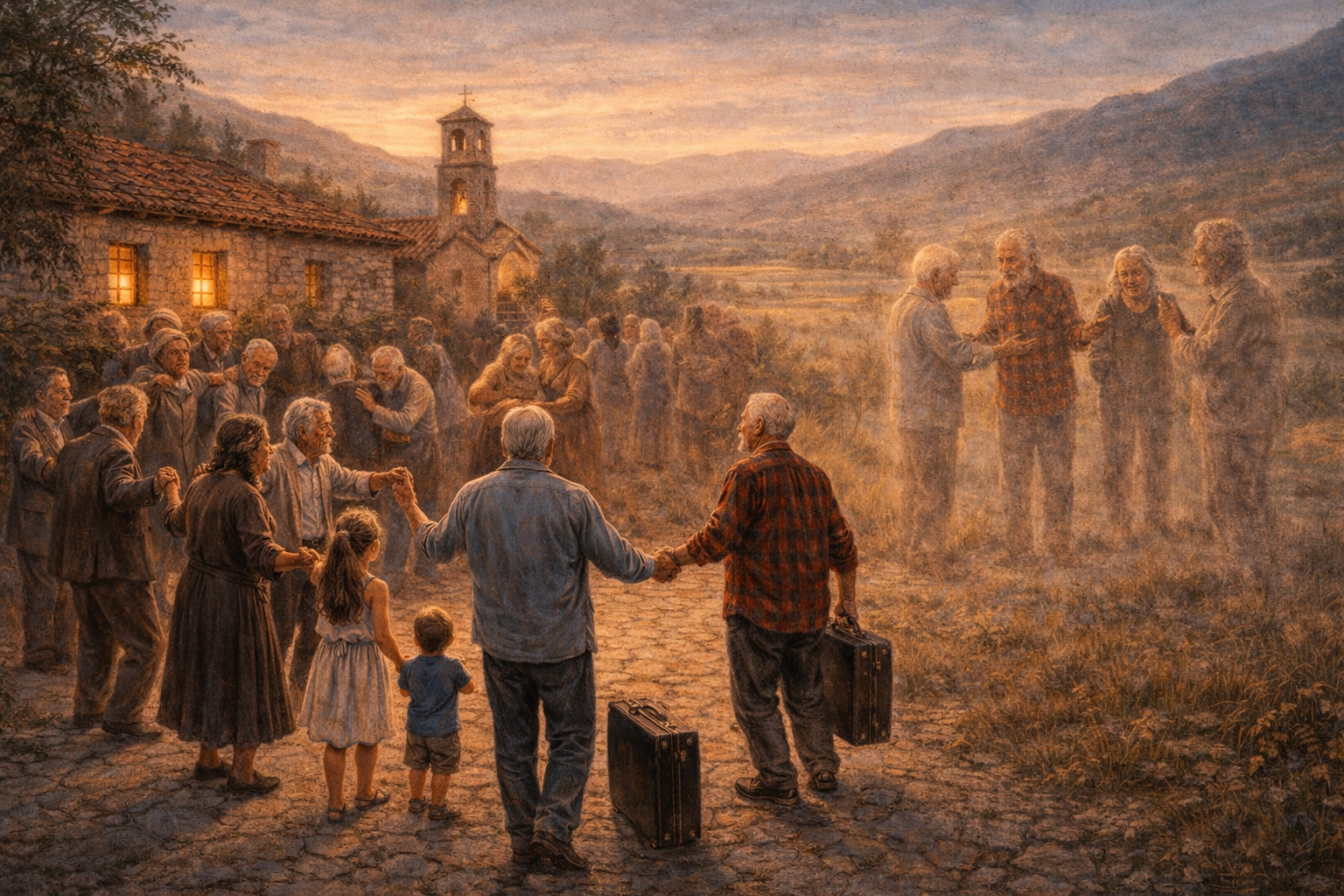 Une peinture de villageois accueillant des arrivants au crépuscule, des silhouettes translucides parmi eux