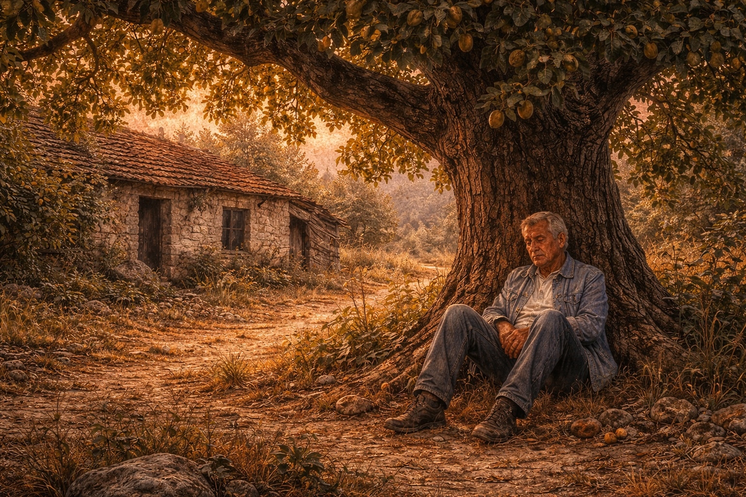 A painting of an old man resting against a large tree beside a derelict stone house