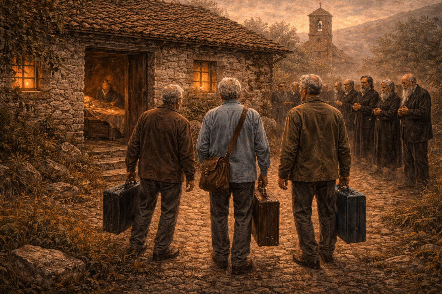 A painting of three men with suitcases outside a lit doorway, mourners gathered on the lane beyond