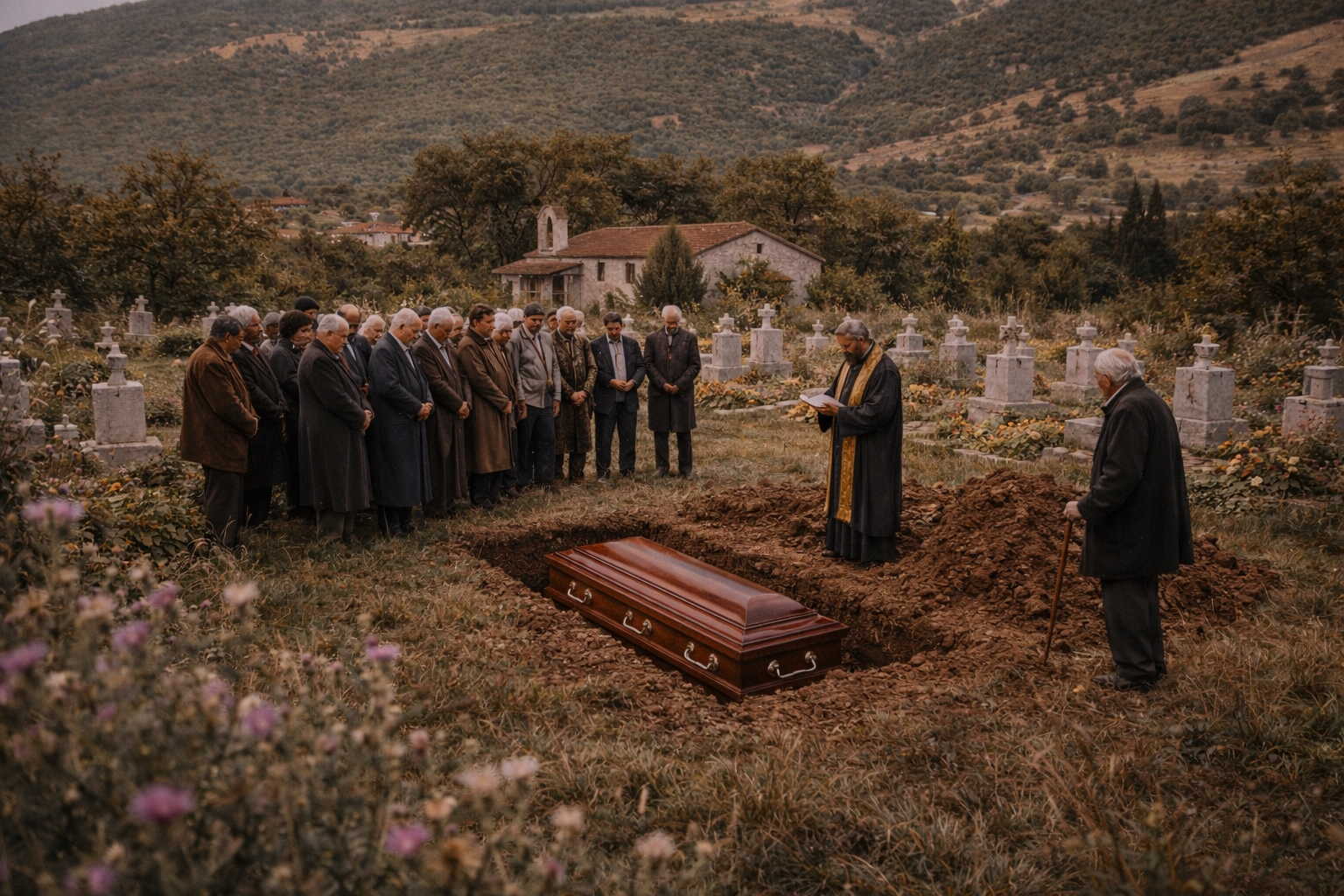 A photograph of mourners standing around an open grave and a coffin in a hillside cemetery