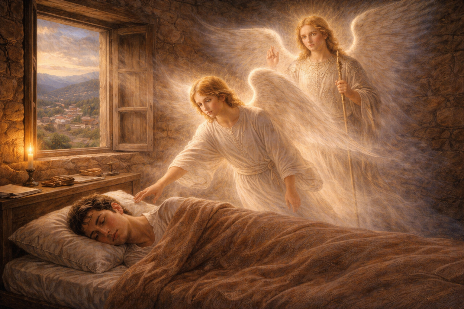 A painting of two winged figures at the bedside of a sleeping person, a window open on a valley