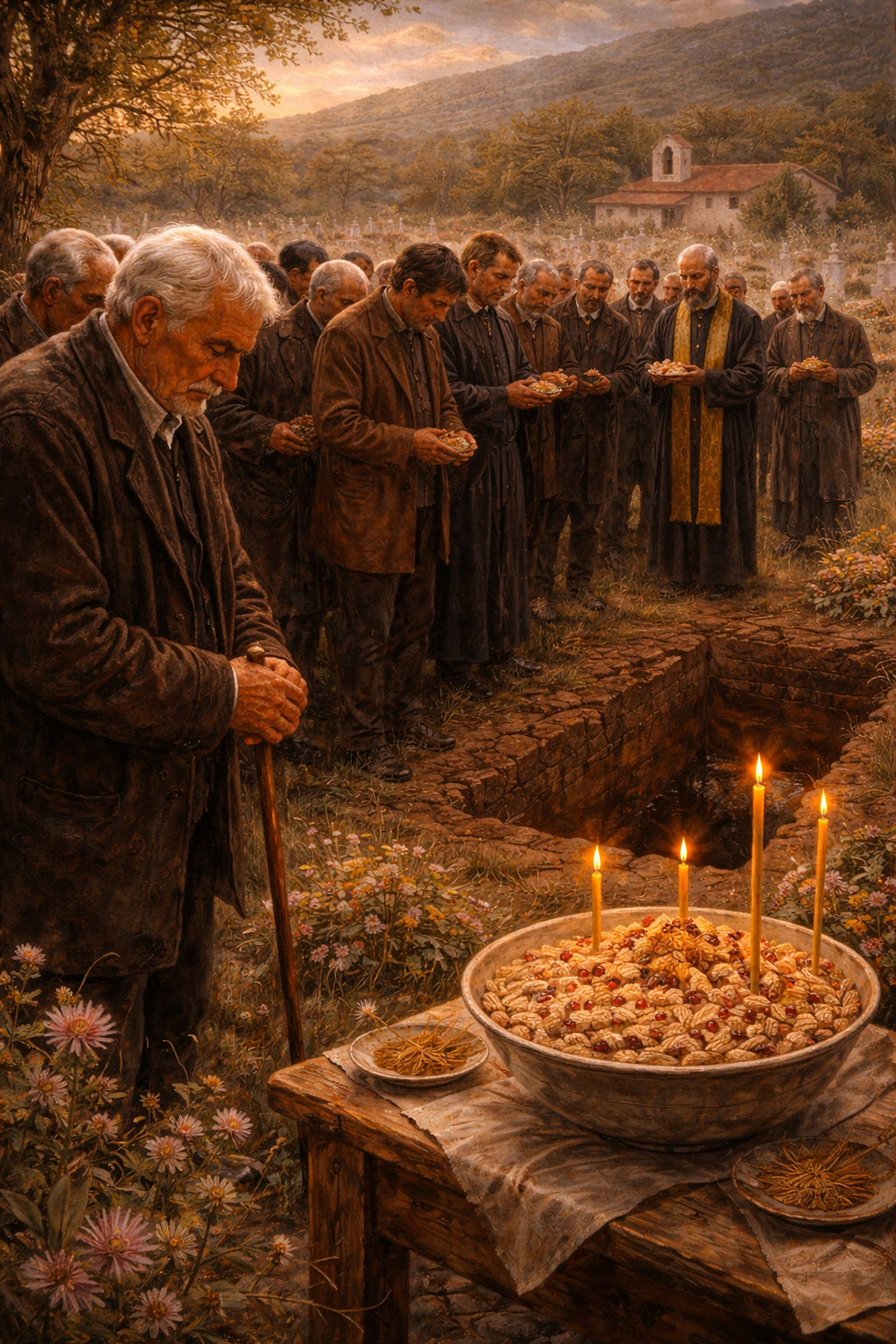 A painting of villagers at a graveside memorial, a bowl of wheat and lit candles on a wooden table