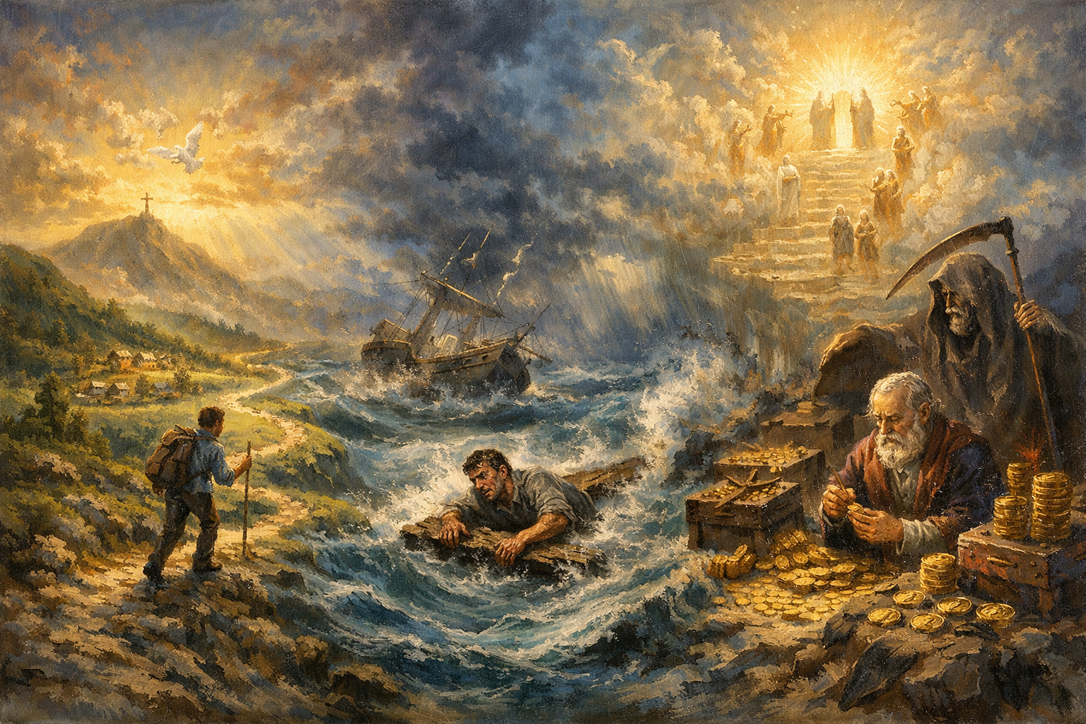 A painting of figures in a stormy sea beside a hoarded pile of gold and a robed skeletal figure