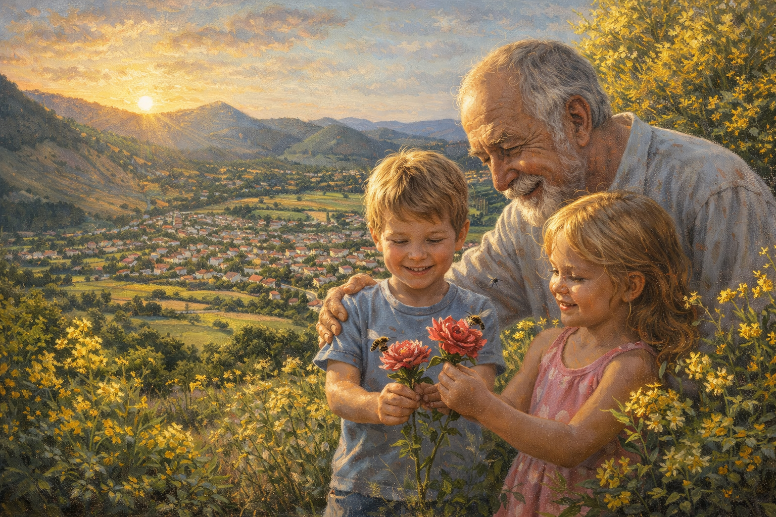 A painting of an older man on a hillside with two young children holding red flowers, a valley below