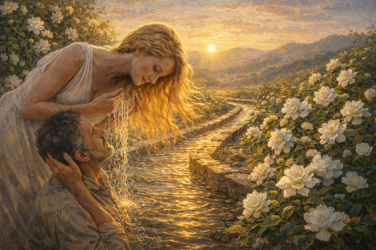 A painting of a woman leaning over a man beside a stream, white roses along the bank