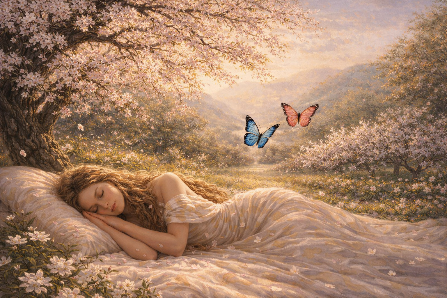 Une peinture d'une jeune femme endormie sous des fleurs, deux papillons au-dessus d'elle