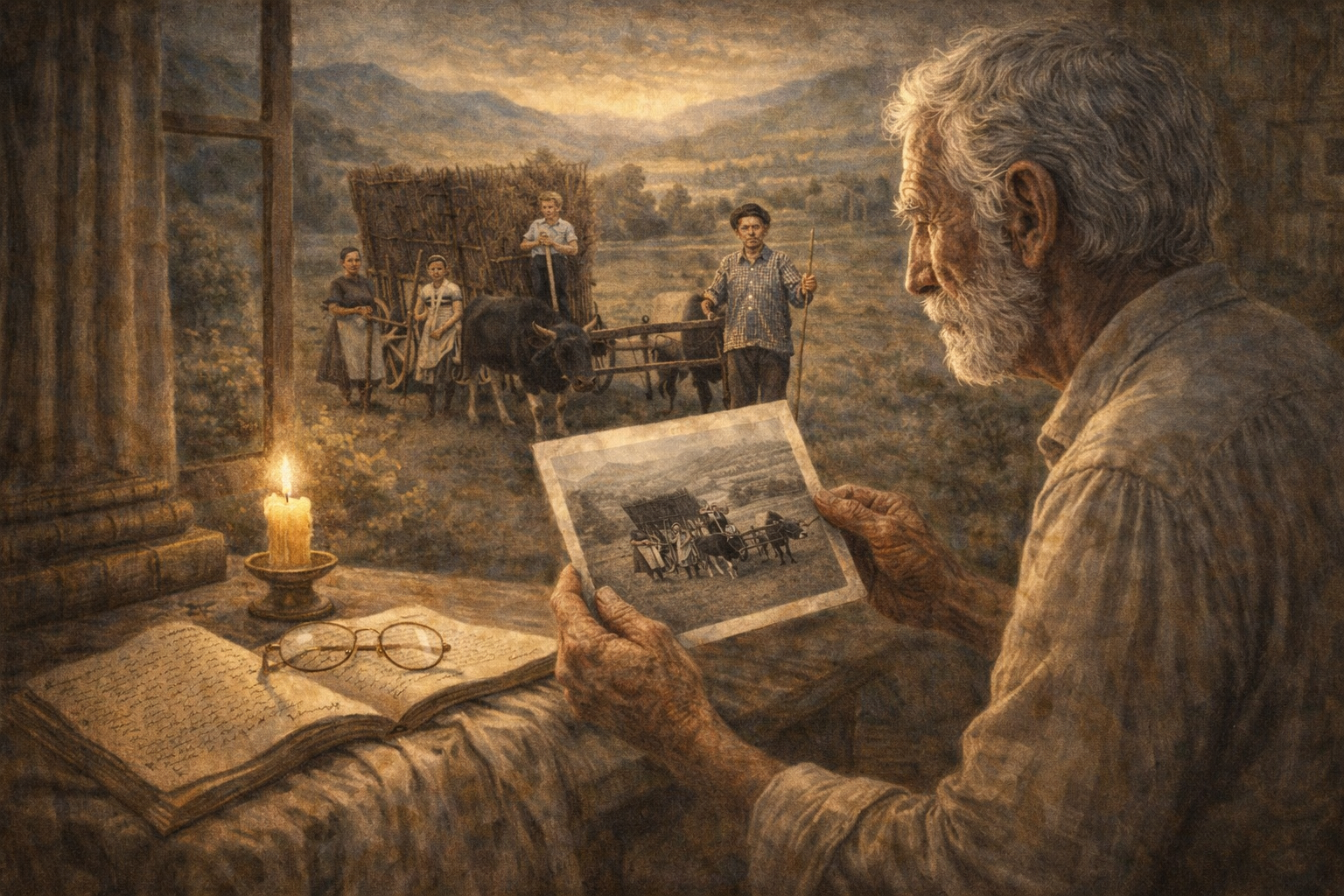 Une peinture d'un homme âgé à la lueur d'une bougie tenant une photographie, une charrette au-delà de la fenêtre