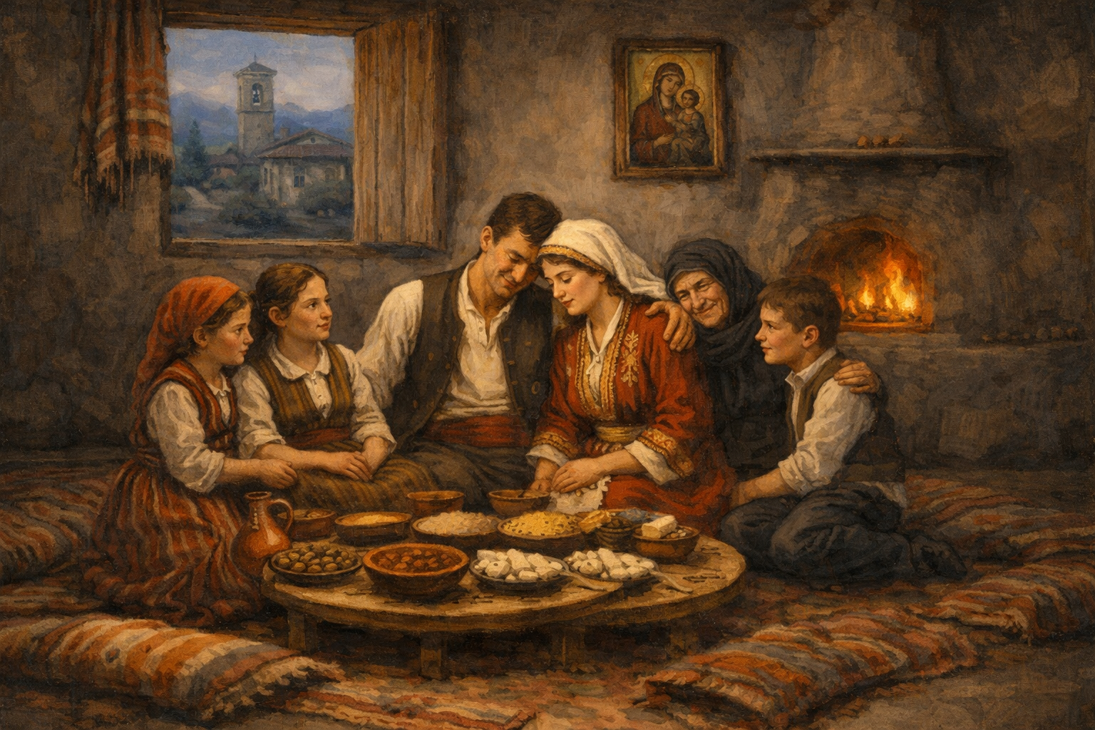Une peinture d'une famille autour d'une table basse garnie dans une maison de village, un feu derrière eux