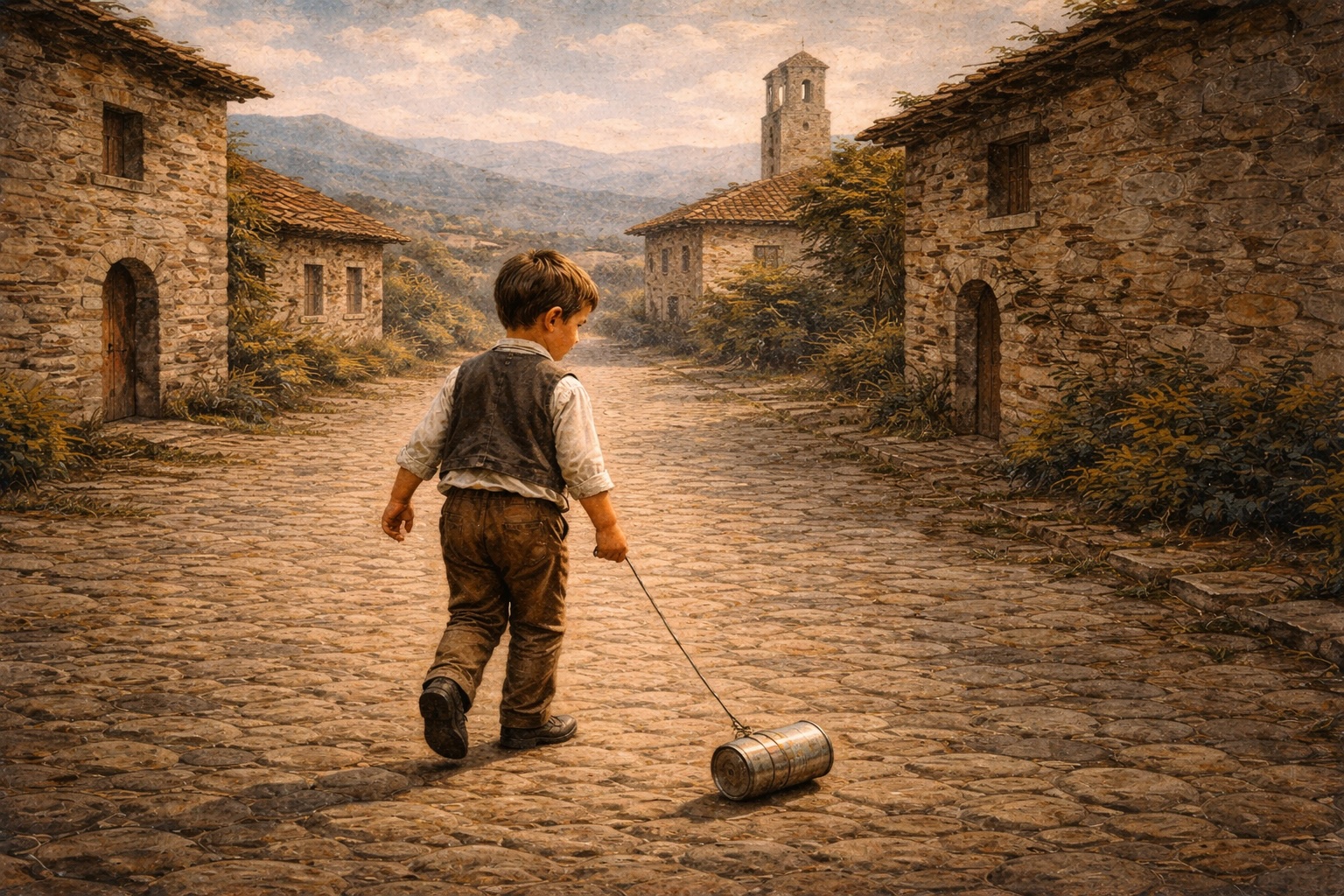 Слика на момче што влече конзерва на врвца по калдрмена селска уличка