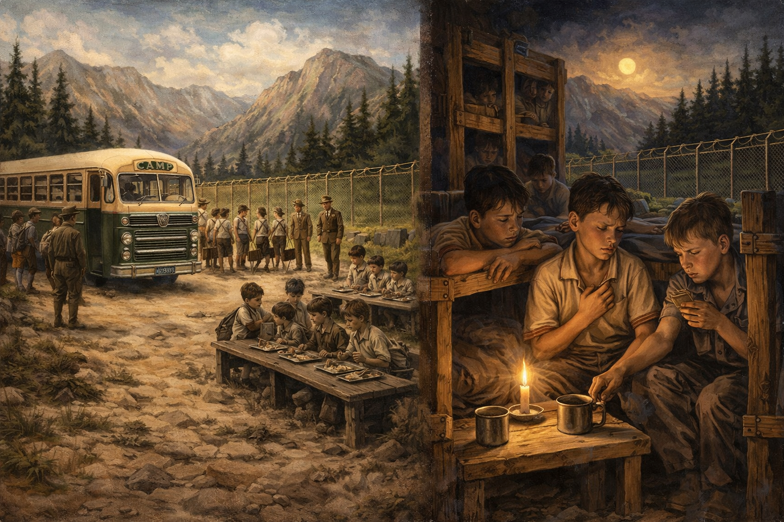 A painting of children at long wooden tables in a fenced camp, a bus and guards beyond the wire