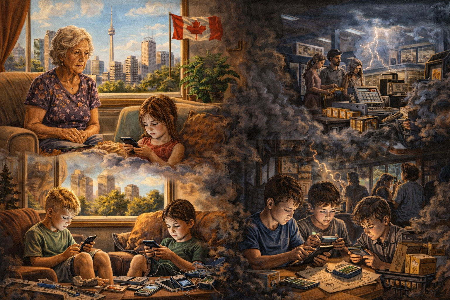 A painting of children absorbed in handheld games, a grandmother beside them and a Canadian flag at the window