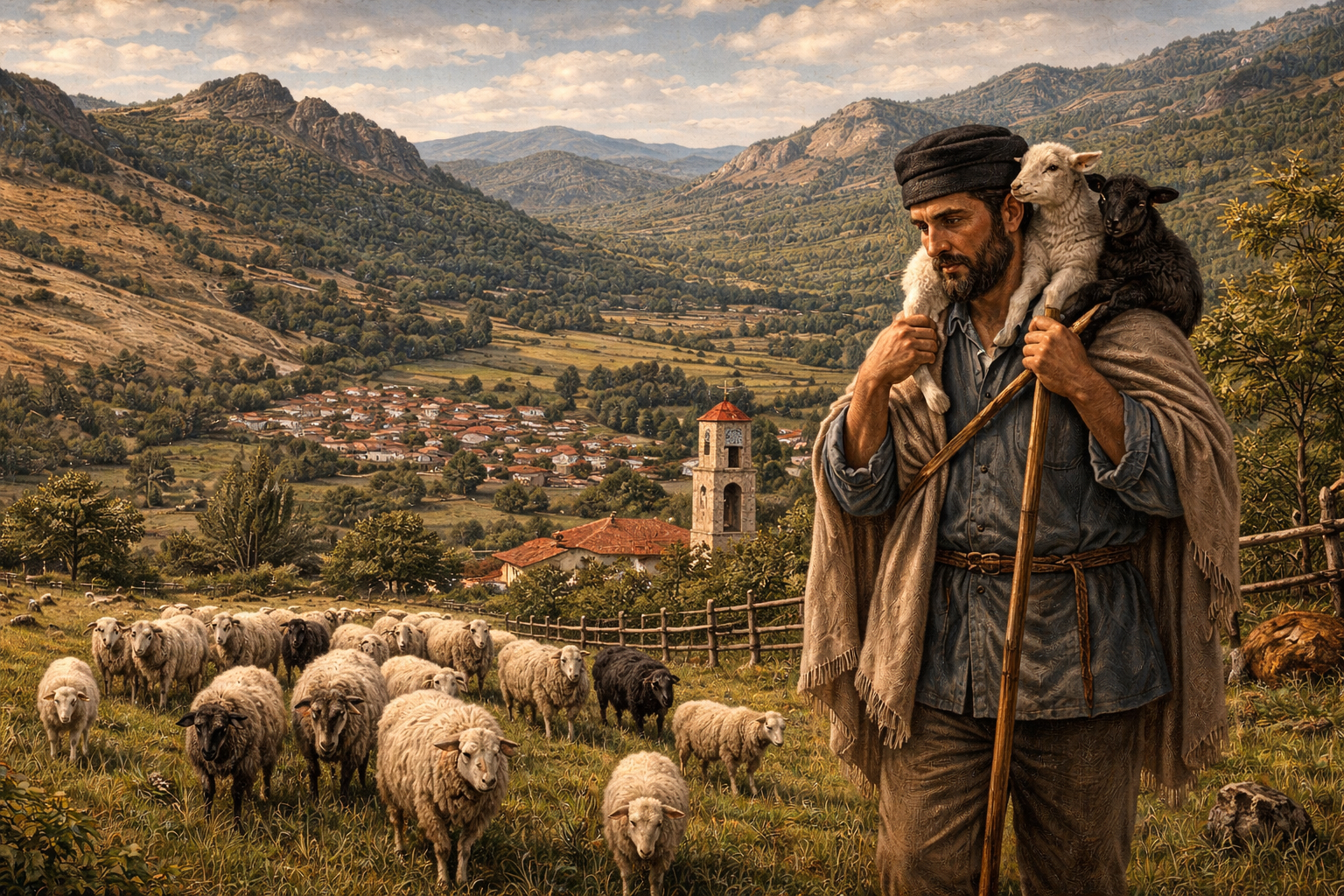 A painting of a shepherd carrying a lamb on his shoulders above a village, his flock grazing beside him