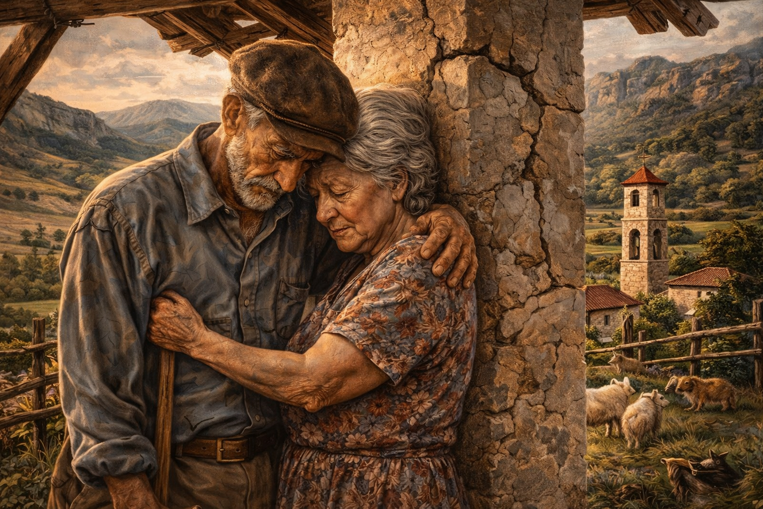 A painting of an elderly couple holding each other beside a stone wall, a village and bell tower beyond